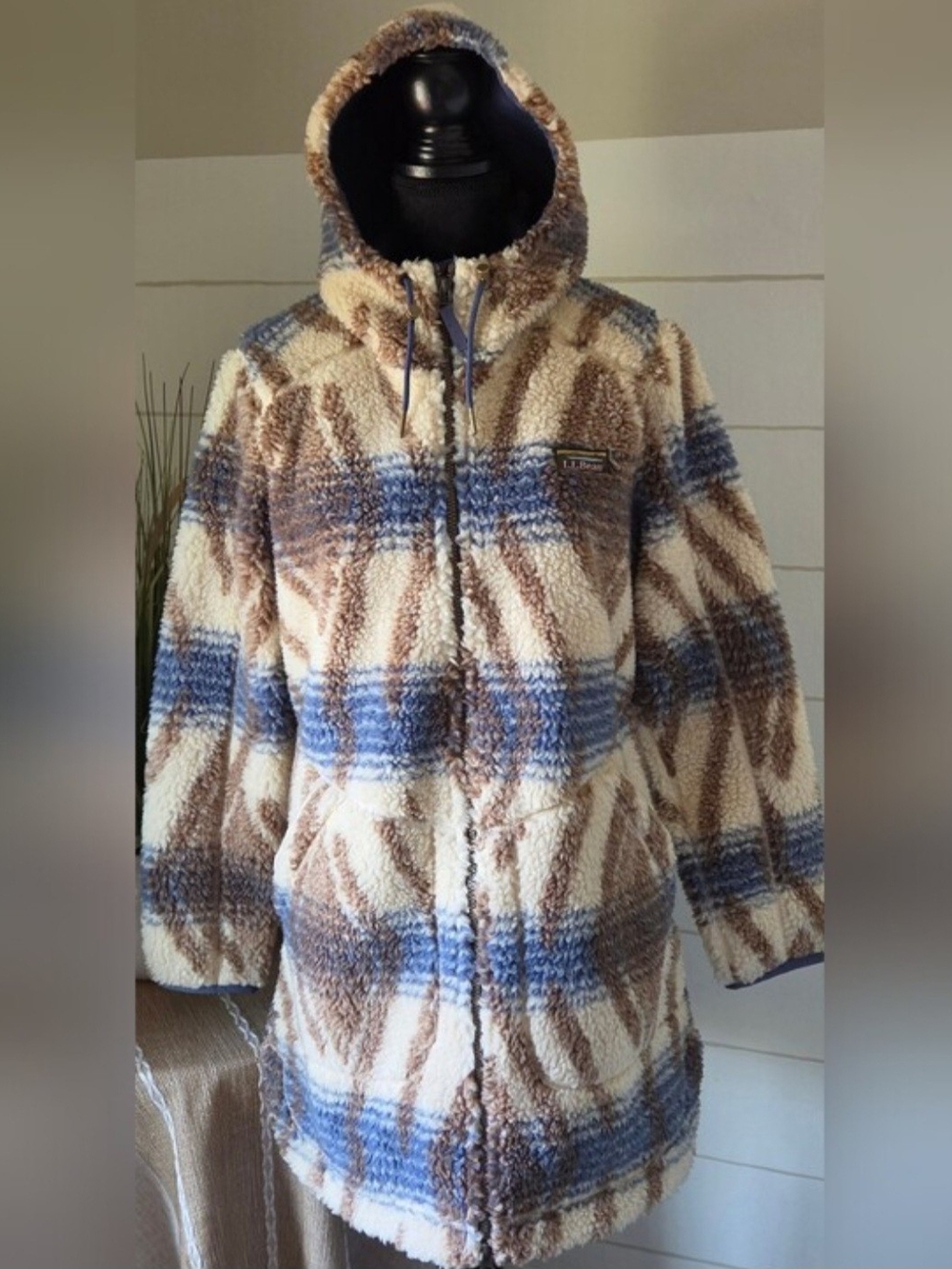 L.L. Bean Tan Southwestern Sherpa High-Pile Fleece Longline Hooded Boho Jacket